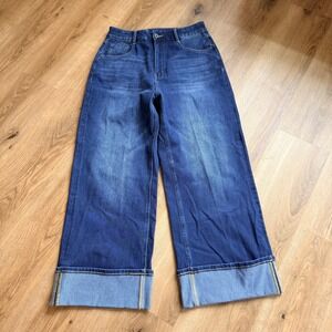 Halara High Waisted Wide Leg Cuffed Jeans Dark Wash Blue Size M Vintage Inspired